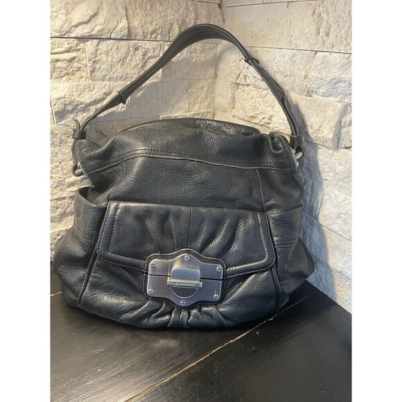 B Makowsky Leather Hobo Shoulder Bag Tote Black Soft Medium Silver Clasp - Picture 1 of 12